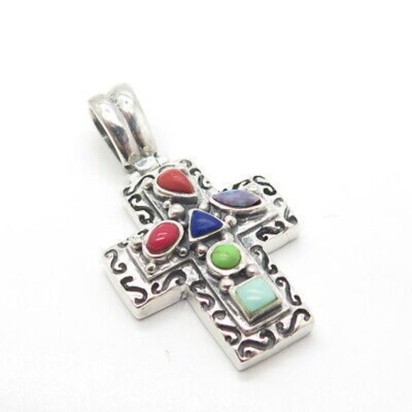 925 Sterling Silver Vintage Lapis Lazuli Coral & Turquoise Gem Cross Pendant - Picture 4 of 8
